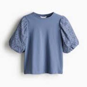 H&M Dusty Blue Balloon Sleeve Eyelet Short Sleeve Top Shirt Work Office Cotton